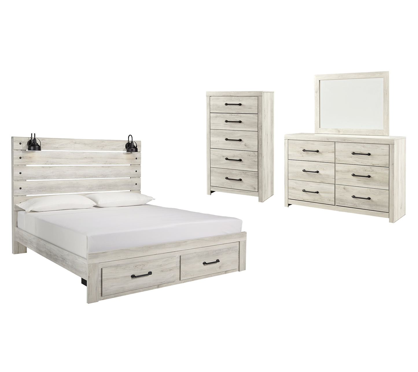 Cambeck  Panel Bed With 2 Storage Drawers With Mirrored Dresser And Chest