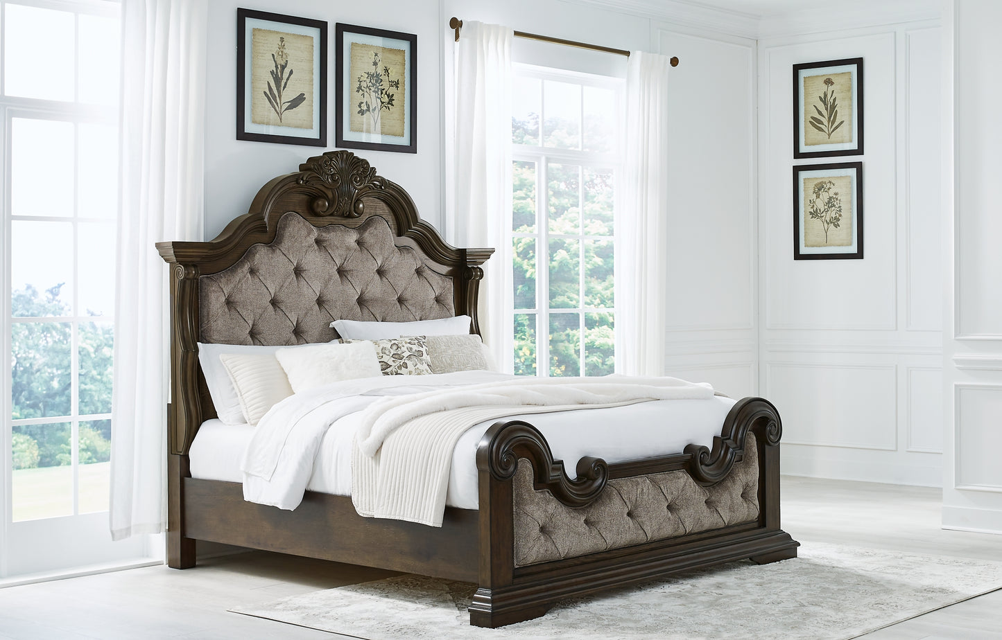 Maylee California King Upholstered Bed with Mirrored Dresser and Nightstand