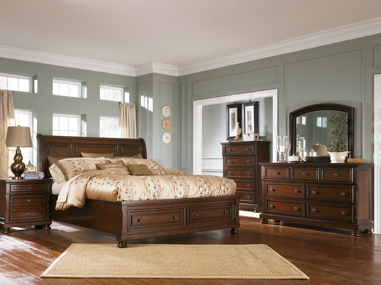 Porter California King Sleigh Bed with Mirrored Dresser and Chest